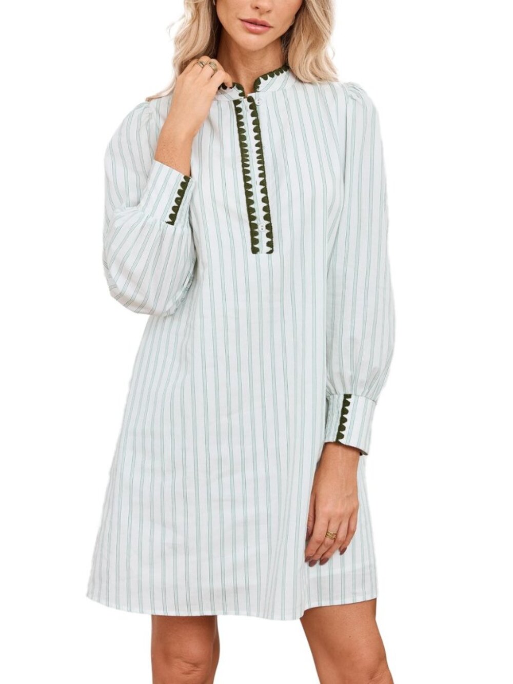 Women's Boho Striped Shirt Mini Dress Embroidered Stand Collar Button Up Puff